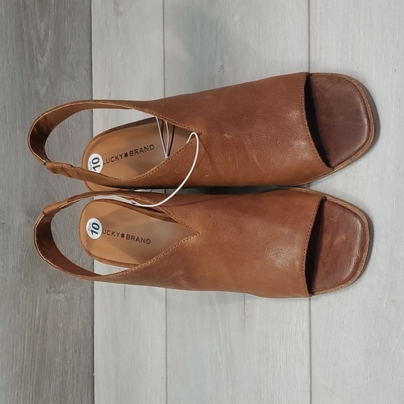 NEW Lucky Brand Womens Lordyn Open Toe Leather Wedge Ankle Shoes sz 10 - Picture 4 of 13